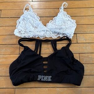PINK Victoria's Secret Black Strappy sports bra & White Lace Bralette Set